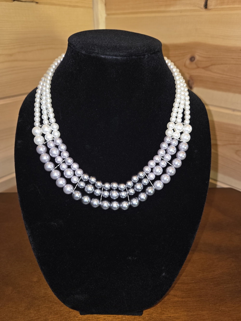 Ombre Triple-Strand Faux Pearl  Necklace in White and Silver-Tones